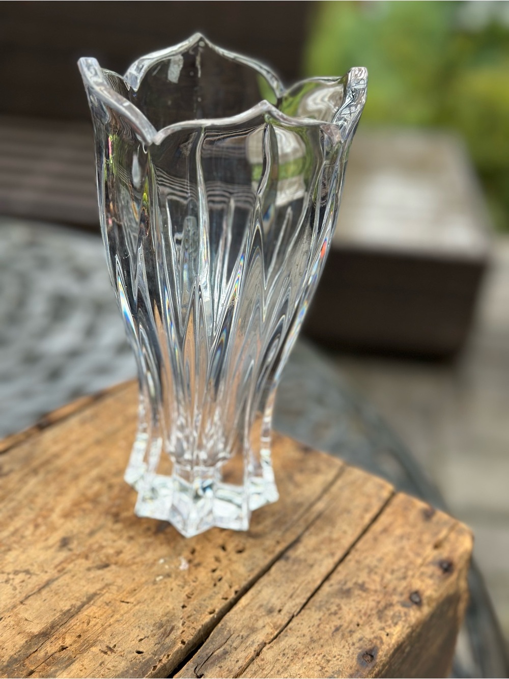 Crystal Vase Clear Sculpted Floral Rim Star Base 7.75 Inch